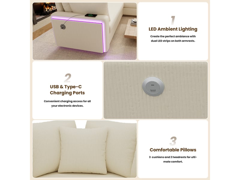  Canapé d'angle l avec éclairage led d'ambiance, port usb, en velours côtelé doux, coussins assortis inclus, design moderne, beige evarich - Conforama D