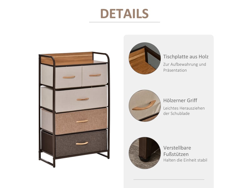  Commode avec 5 tiroirs en tissu pliables, poignées et anti-basculement pour salon et chambre, marron, 58 × 29 × 99 cm  - Conforama C