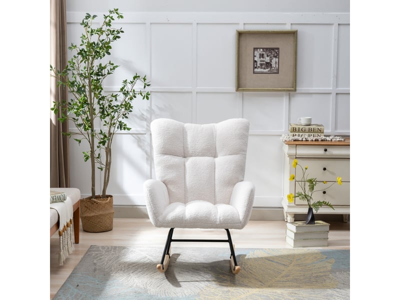  Fauteuil à bascule tissu bouclette avec poche, fauteuil allaitement blanc avec base en bois massif, 65x77x90 cm  - Conforama D