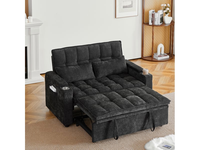  Canapé-lit 3 en 1 modenvie 142 x 89 x 89 cm noir en chenille avec position allongée, rangements et porte-gobelets  - Conforama E