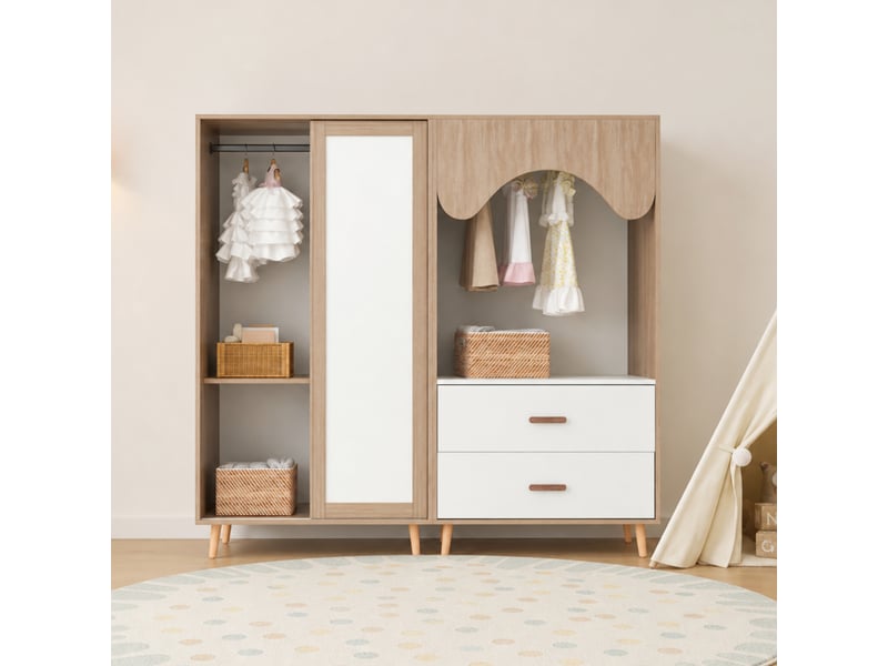 Ensemble armoire enfant blanc et effet bois naturel 160 x 46 x 141,5 cm, armoire à portes coulissantes et penderie ouverte, avec tiroirs et tringle, meuble de rangement chambre - Conforama R