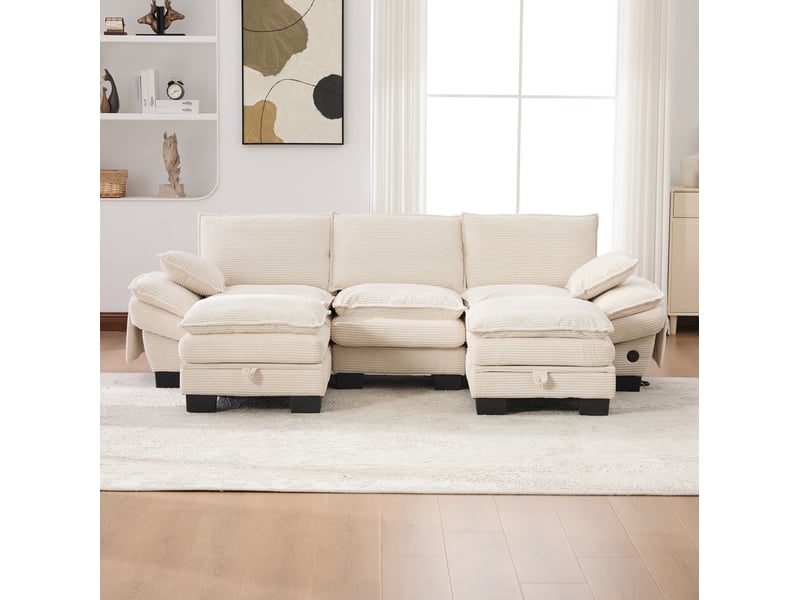 Canapé modulable 3 places 260x132x84 cm avec 2 poufs velours côtelé beige - Conforama E