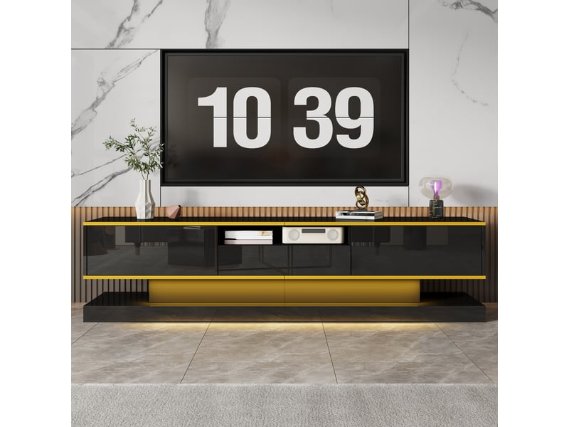  Meuble tv avec 3 tiroirs, led multicolore et finition laquée pour salon, en panneau de particules, noir et or, 180×38×45 cm  - Conforama B