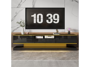 Meuble tv avec 3 tiroirs, led multicolore et finition laquée pour salon, en panneau de particules, noir et or, 180×38×45 cm