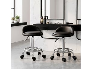 Lot de 2 tabouret à roulette pivotant 360°, assise réglable 47-62h cm, acier chromé revêtement synthétique noir