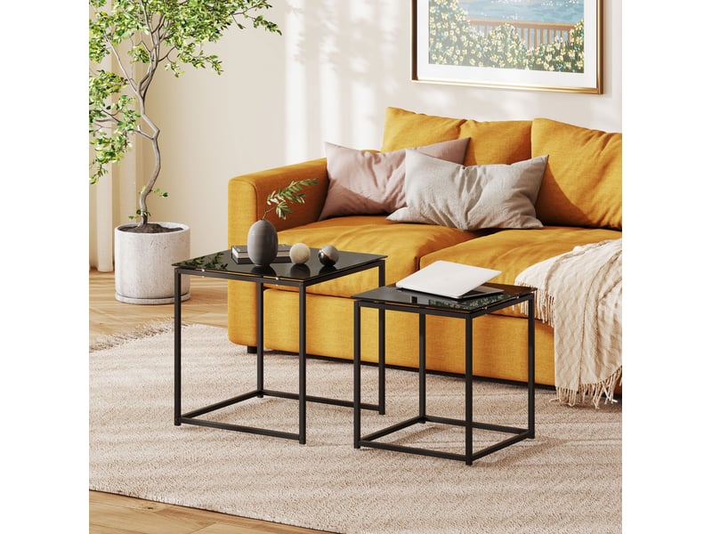  Tables basses gigognes 2 pièces avec plateaux en verre trempé et structure en acier noir, rangement compact pour salon  - Conforama B