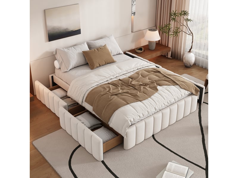  Lit capitonné 140 x 200 cm sans tête de lit, sommier à lattes, sans matelas, beige, velours  - Conforama E