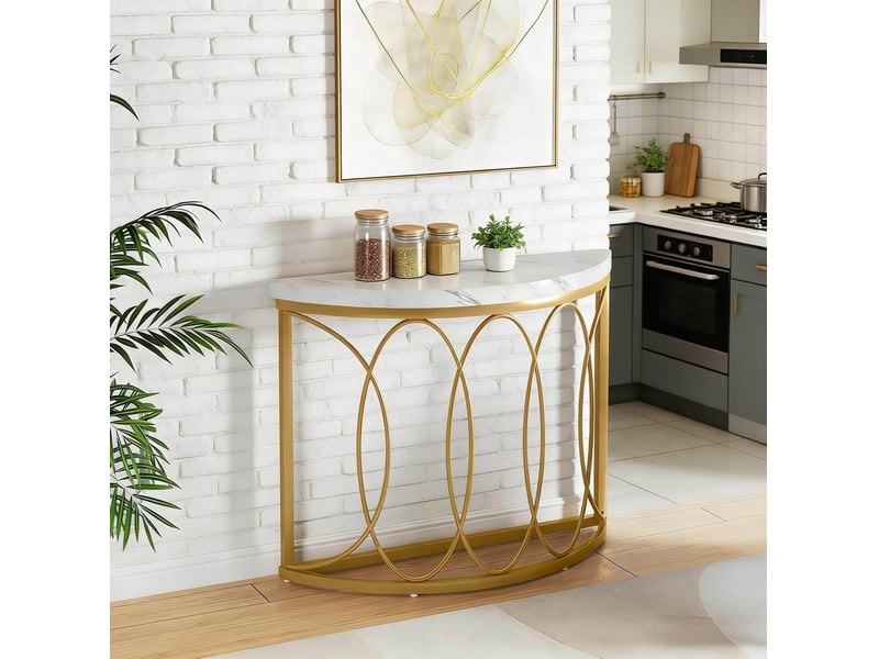  Console demi-lune avec plateau en mdf, structure en métal, pieds antidérapants, style moderne pour entrée, salon et couloir  - Conforama D