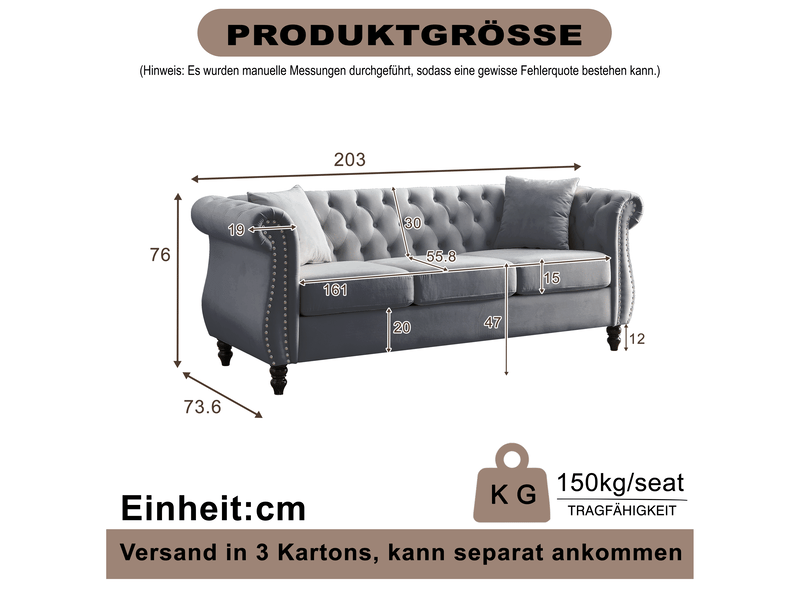 Canapé droit chesterfield 3 places en velours gris, dossier capitonné, accoudoirs arrondis, clous argentés, pieds en bois d’hévéa, assise à ressorts - Conforama D