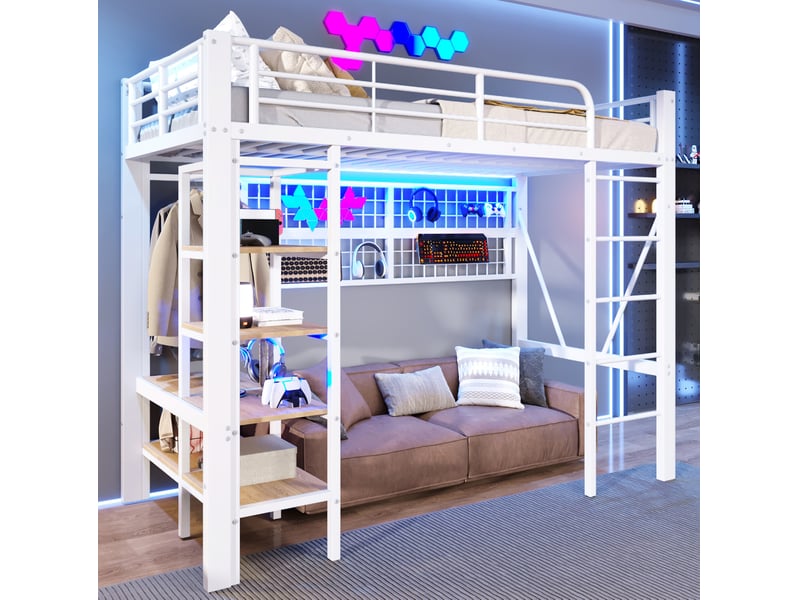  Lit mezzanine 90 x 200 cm avec led, étagères, filet et barre de suspension blanc  - Conforama E