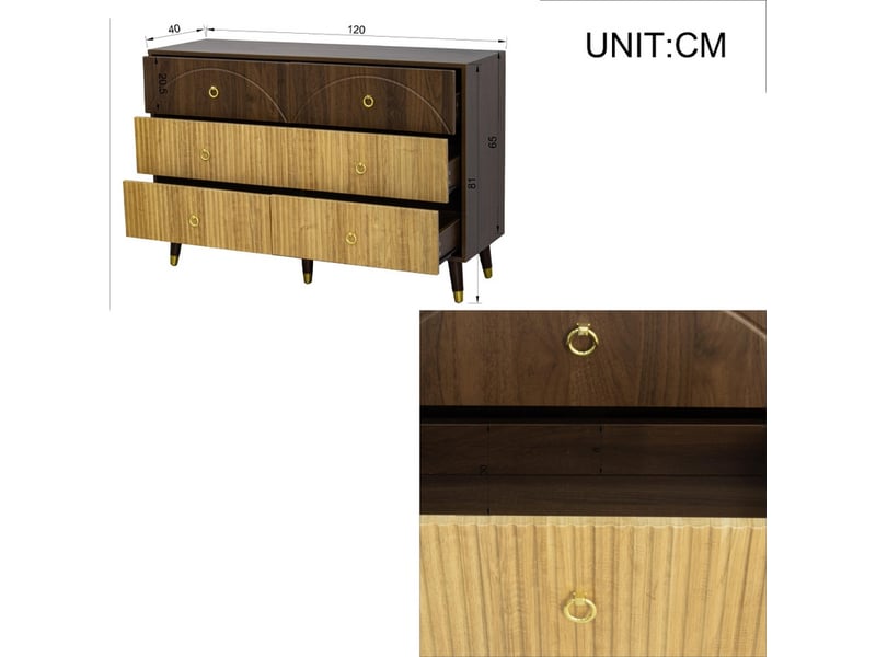  Buffet moderne, 6 tiroirs, aspect bois, meuble à tiroirs, meuble de rangement, commode, adapté pour salonsalle à mangerentrée  - Conforama C