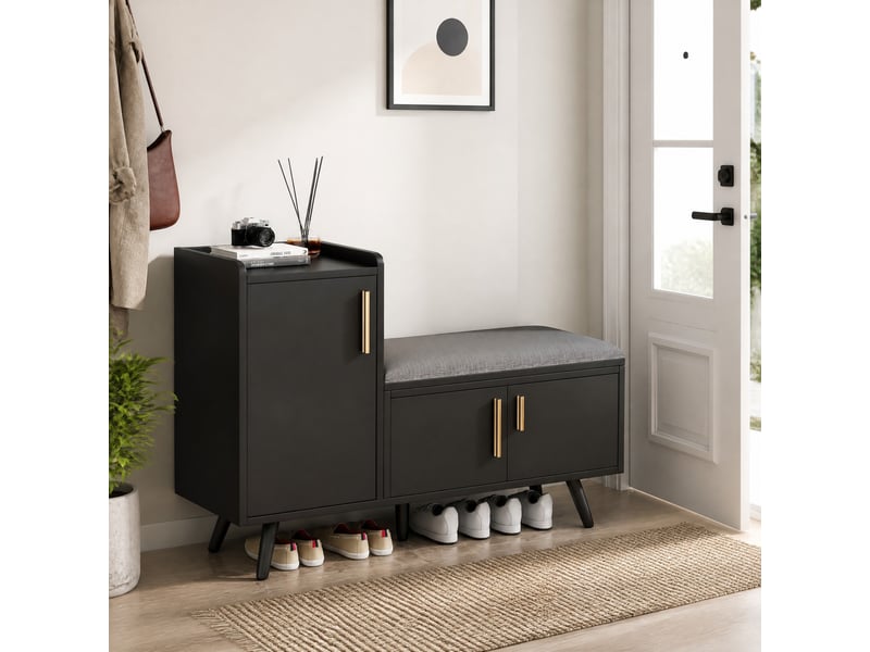  Banc à chaussures avec assise rembourrée, 3 portes, noir  - Conforama C