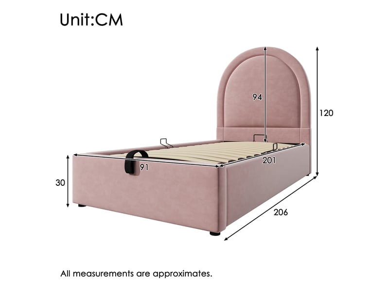  Lit coffre 90x200 avec matelas 7 zones h3, velours rose, rangement hydraulique et sommier à lattes  - Conforama C