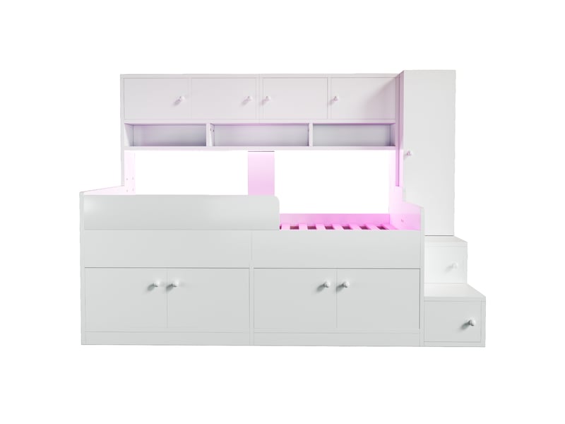 Lit mezzanine enfant bois blanc 90x200 cm, armoire, rangements, échelle, barrières et led - Conforama A