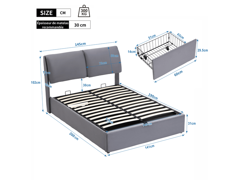  Lit coffre 140 x 190 cm en velours gris avec sommier à lattes, 3 tiroirs et tête de lit réglable  - Conforama E