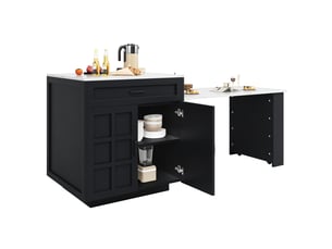 Desserte cuisine, îlot central sur roulettes avec plan de travail, plateau extensible, 2 tiroirs, dimensions 133 à 202 x 70 x 93,5 cm, mdf, noir