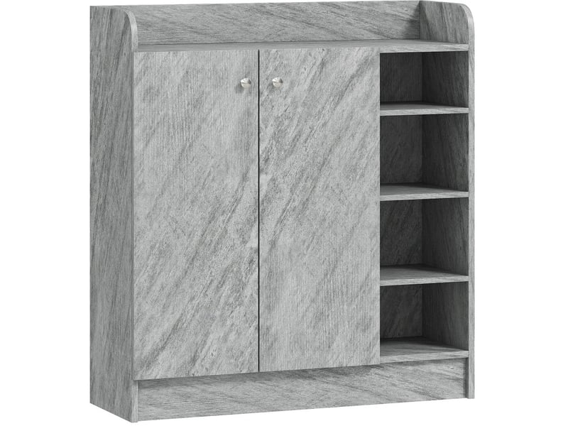  Meuble à chaussures 83x30x90 cm, 2 portes et 4 compartiments ouverts, panneau de particules et mdf, gris  - Conforama A