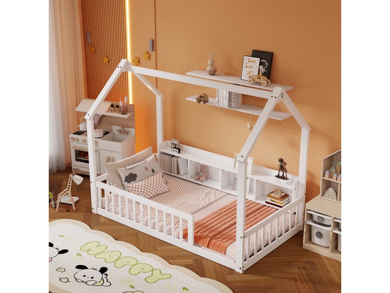  Lit cabane enfant 90 × 200 cm en bois de pin avec barrières de sécurité, étagères de rangement intégrées et cadre maison - blanc  - Conforama B