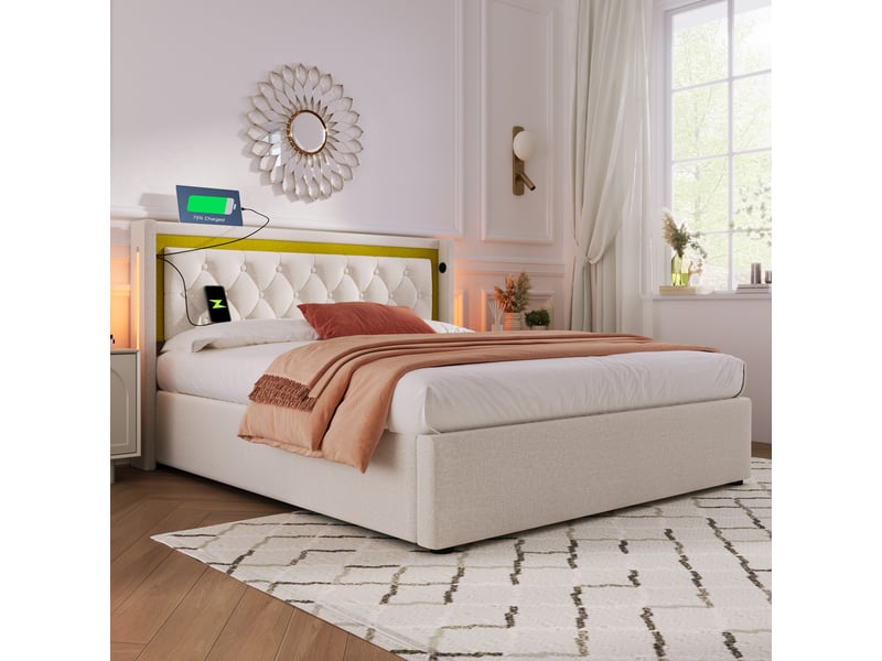  Lit coffre coton 140x200 cm avec led, usb-c, tête lumineuse et rangement pratique  - Conforama E