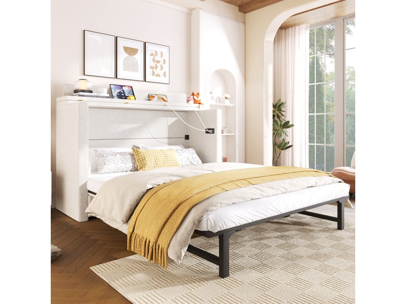  Lit escamotable 140 x 200 cm avec un tiroir, lit mobile avec compartiment de rangement, ports usb et type-c, lit plateforme convertible, sans matelas, lin, beige  - Conforama B