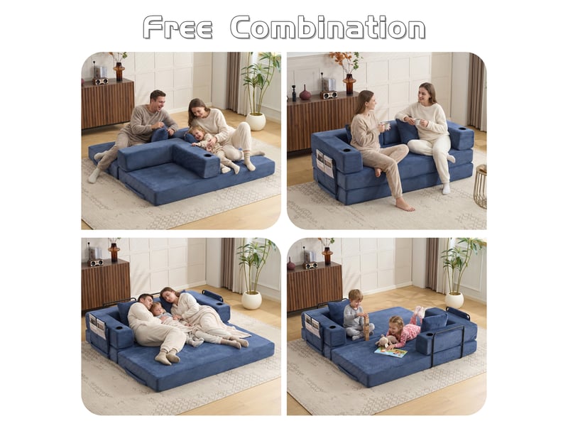 Canapé convertible pliable avec dossier rabattable, poches latérales et porte-gobelets, en velours côtelé bleu foncé - Conforama E