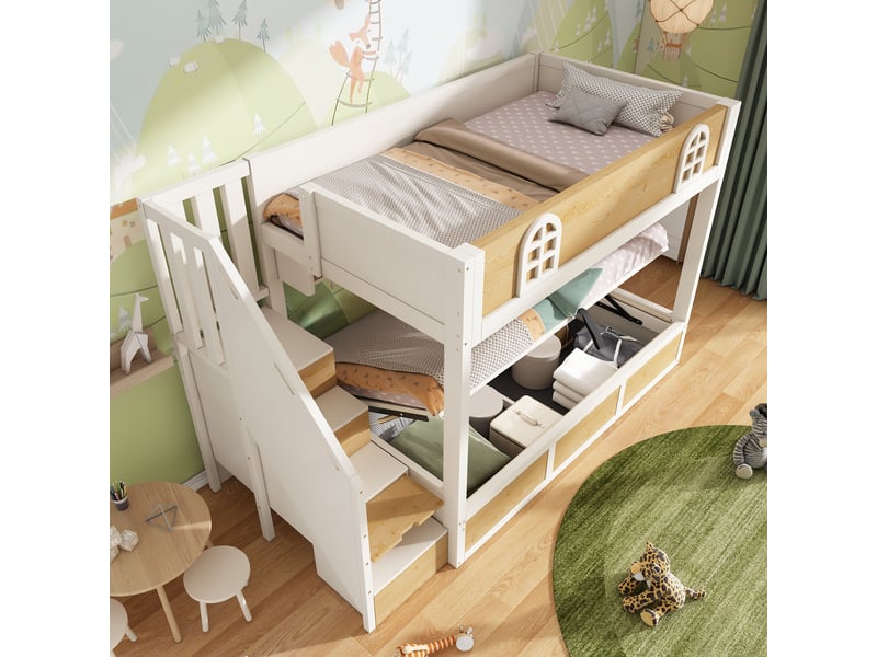 Lit superposé,90x200 cm,avec escalier de rangement,mdf,blanc et naturel - Conforama B