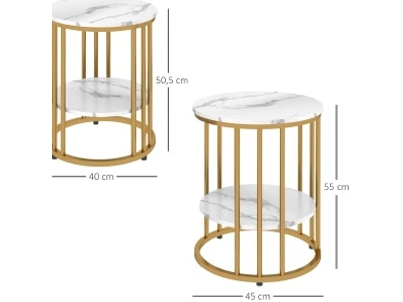 Lot de 2 table basse gigogne rondes blanches effet marbre, rangement ouvert, pieds métal doré, style élégant - Conforama C
