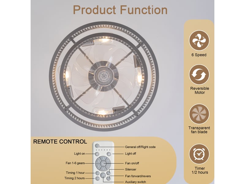 Ventilateur de plafond avec lumière cristal, commande via application et télécommande, 6 vitesses, moteur silencieux, argenté, 50 x 50 x 39 cm - Conforama E