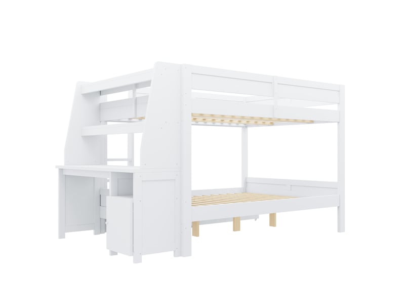 Lit superposé enfant 140x200 cm – blanc – bureau intégré, rangement latéral et 2 tiroirs - sans matelas - Conforama E