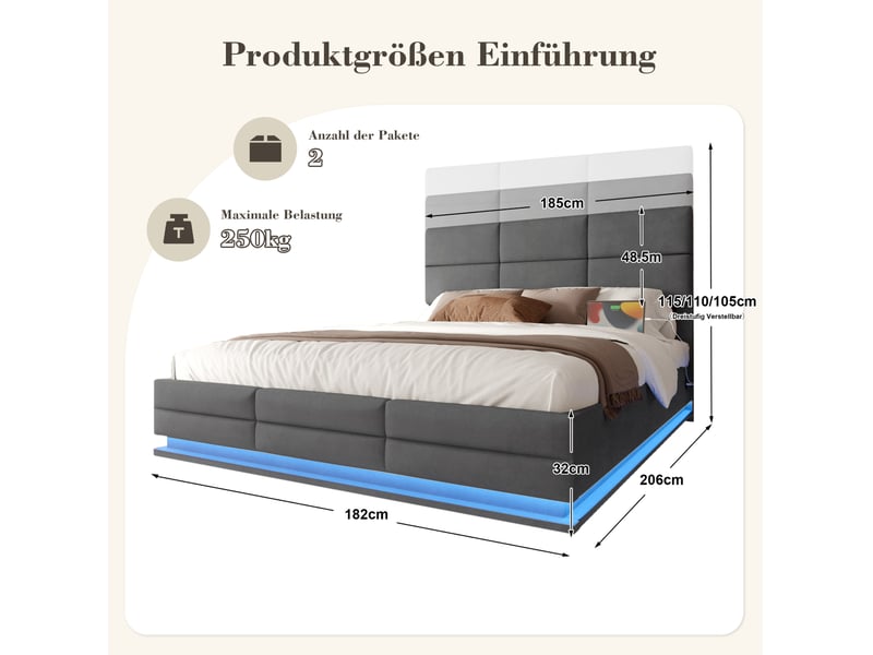  Lit coffre 180x200 cm avec led, usb type-c, en velours gris foncé, sans matelas  - Conforama C