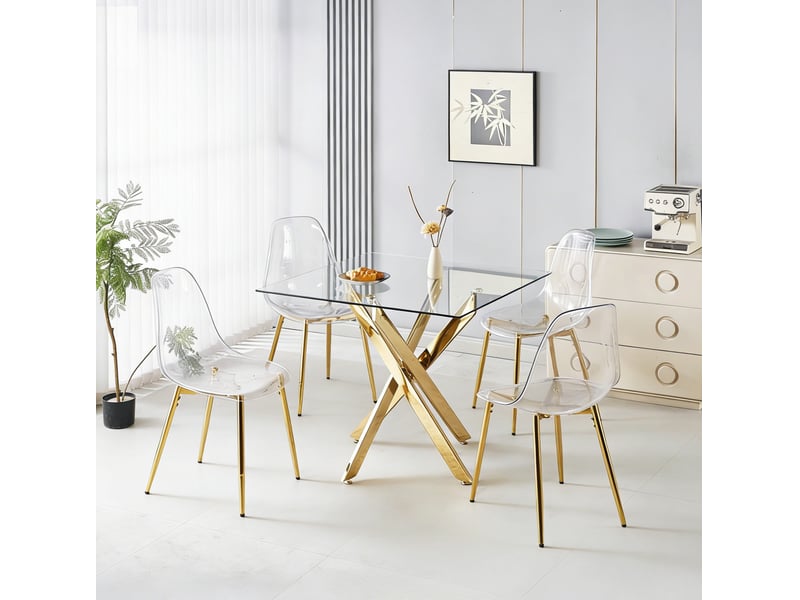  Ensemble repas 5 pièces avec table en verre et 4 chaises en velours doré  - Conforama B