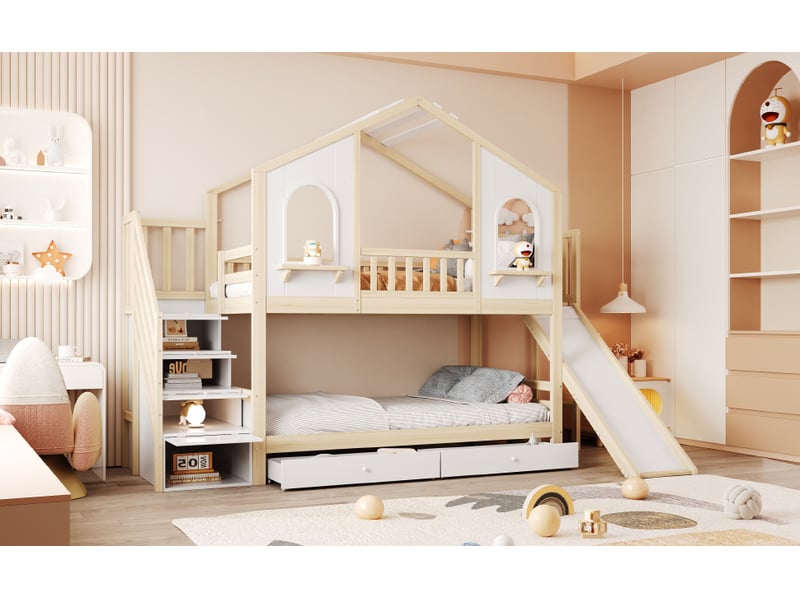 Lit superposé cabane 90 x 200 cm avec toboggan, échelle de rangement, deux tiroirs et étagères intégrées, bois naturel et blanc - Conforama W