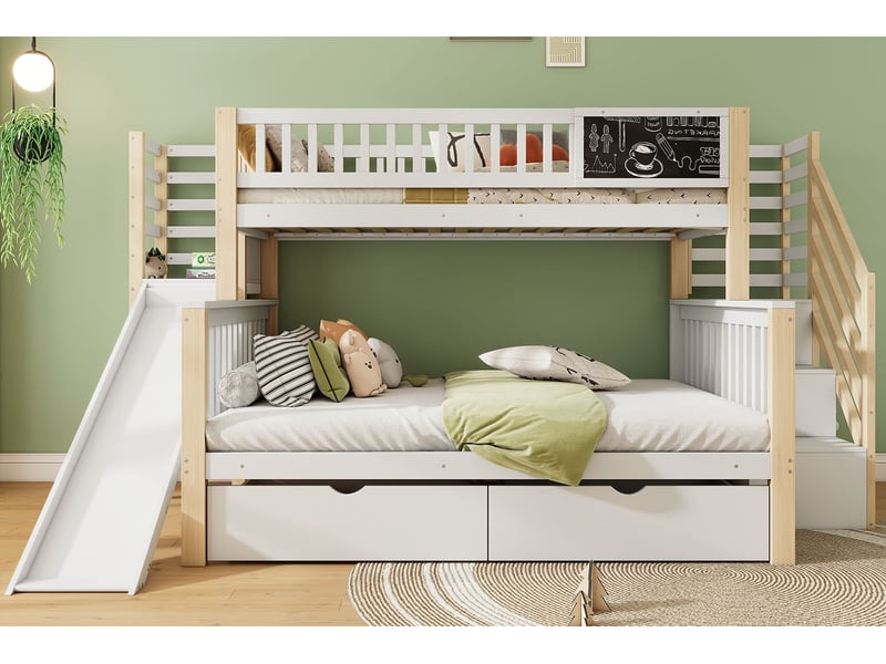  Lit superposé enfant avec toboggan et tableau noir 140x200 cm et 90x200 cm blanc bois massif de pin avec escalier et rangements Sol Morn - Conforama B