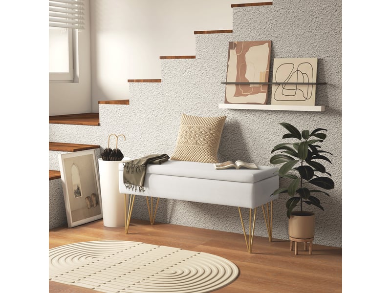 Banc de pied de lit recouvert de lin synthétique avec pieds en acier et assise rembourrée en crème  - Conforama D