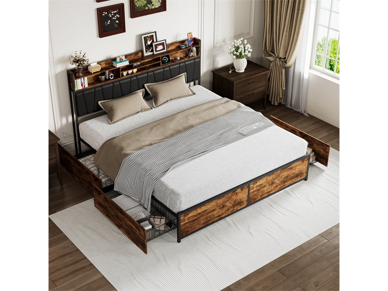 Lit 180x200cm - lit double 180x200cm - structure en métal avec 4 tiroirs, tête de lit à led et prises usb - noir et marron - Conforama C