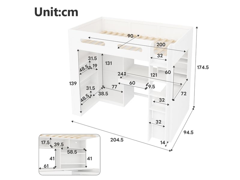  Lit enfant 90 x 200 cm structure mezzanine armoire intégrée 1 tiroir étagères de rangement éclairage led port usb blanc  - Conforama C