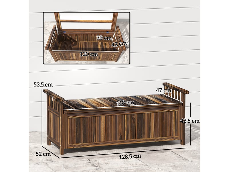  Banc de jardin 2 places en bois, résistant aux intempéries, avec rangement et accoudoirs, 128,5 x 52 x 53,5 cm, finition carbonisée  - Conforama D