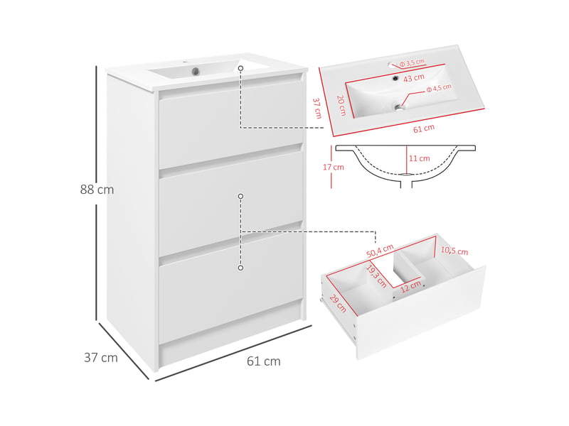  Meuble vasque de salle de bain avec lavabo, meuble de salle de bain, lavabo en céramique synthétique avec 2 tiroirs, 61 x 37 x 88 cm, blanc brillant  - Conforama E