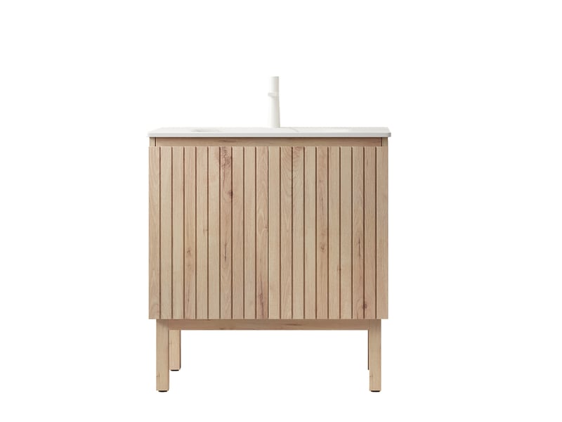  Meuble sous vasque 80 cm à deux portes avec étagère - lpospi - vasque intégrée pierre frittée blanc chêne  - Conforama A