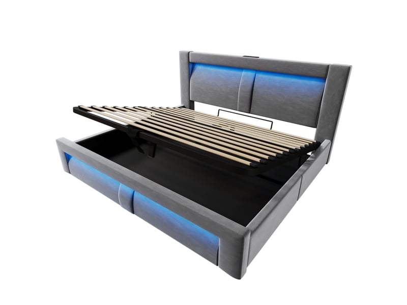 Lit double 160x200 cm gris en velours, rangement hydraulique, led, usb et type c, tête de lit courbée, avec matelas - Conforama D