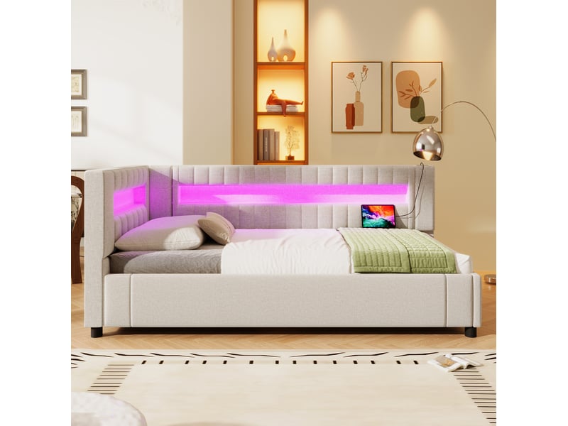  Lit simple 90x200 cm rangement hydraulique, éclairage led en lin et mdf beige  - Conforama D