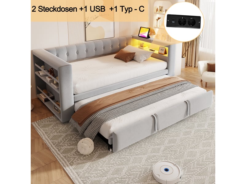  Lit canapé capitonné 90180×190 cm, éclairage led, prises, grand rangement, flanelle gris clair  - Conforama E