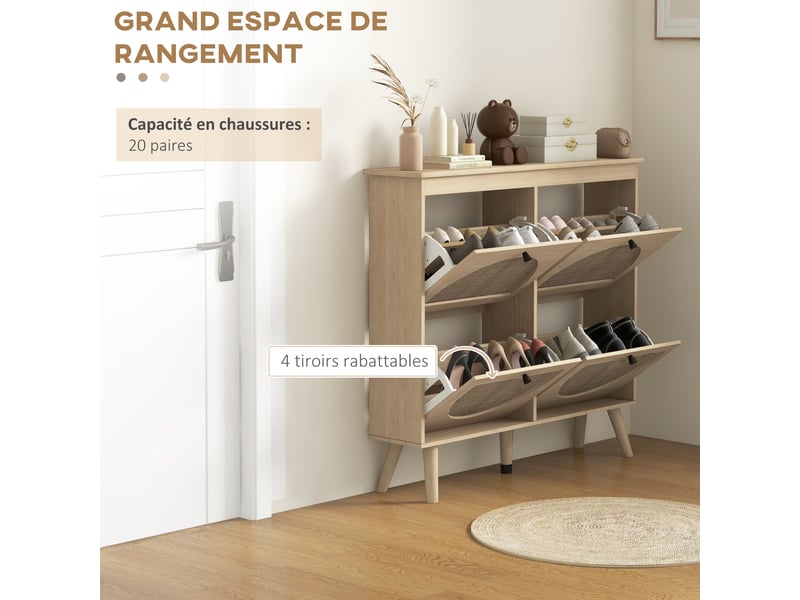  Meuble à chaussures 4 abattants 20 paires étagère réglable style bohème pieds en bois massif 105 x 24 x 97,5 cm naturel  - Conforama E
