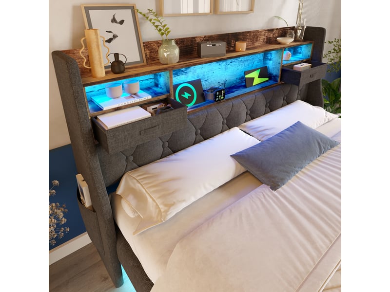 Lit flottant rembourré led avec rangement et usb-c, gris, 160x200 cm Fay Lum - Conforama D