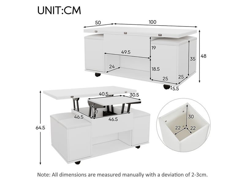 (modification du produit) table basse réglable en hauteur, table basse multifonctionnelle 3 en 1, table de salon avec rangement, convertible en table à manger, table de travail à roulettes avec 4 tabourets, 100 x 50 x 48 cm, bla… - Conforama C