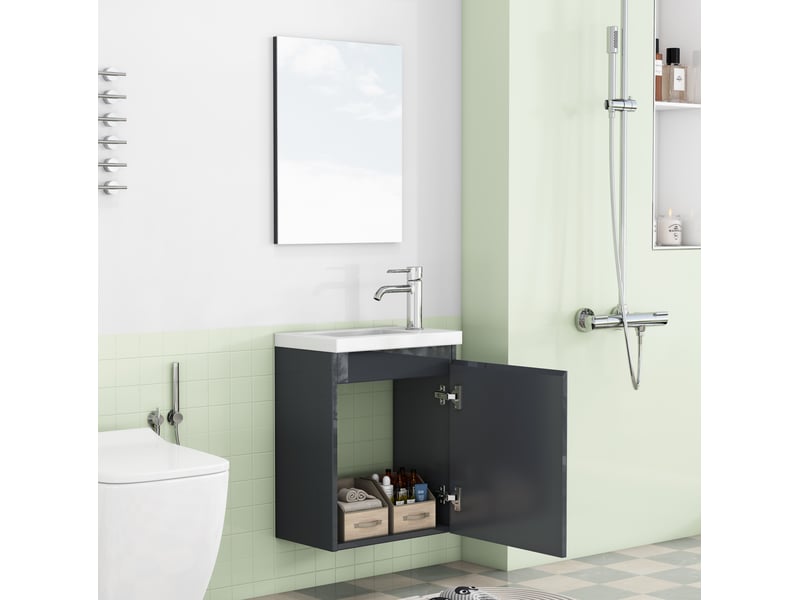  Meuble sous vasque mural avec lavabo en céramique et miroir, portes à fermeture douce, pour salle de bain, gris brillant  - Conforama E