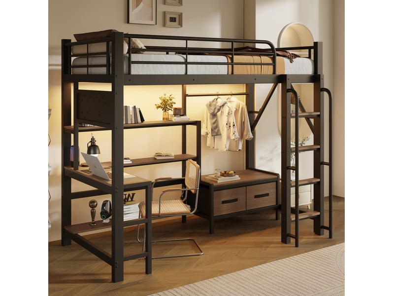 Lit mezzanine enfant 90 × 200 cm avec bureau, led, usb, étagères et tiroirs, sans matelas, métal et mdf noir - Conforama B