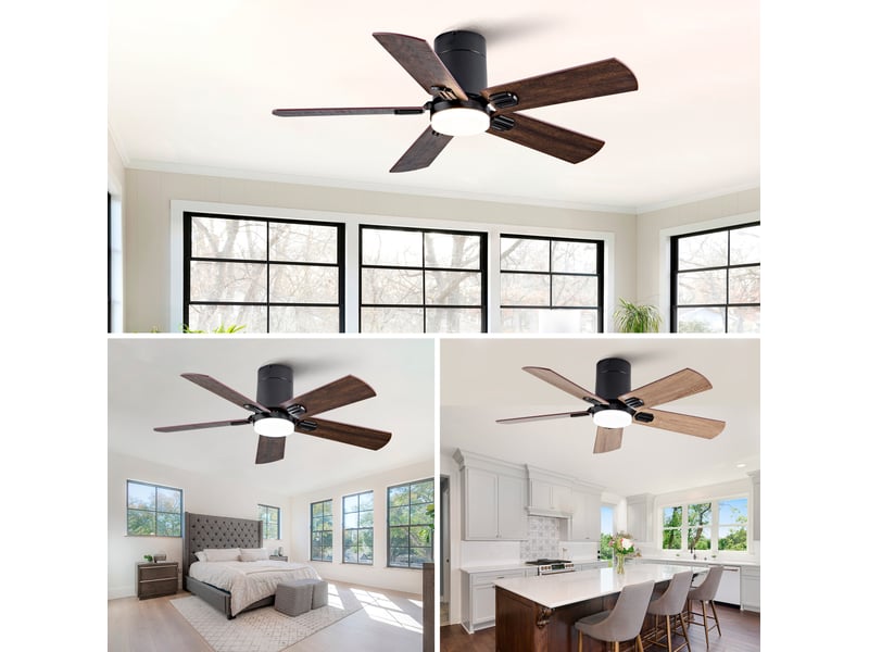  Ventilateur de plafond extra plat led pour plafond bas chambre, télécommande, moteur dc silencieux, métal et bois, noir  - Conforama W