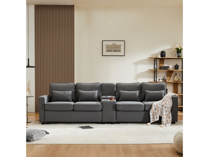  Canapé droit 4 places tissu lin gris foncé avec usb porte-gobelets rangement intégré design moderne salon  - Conforama B