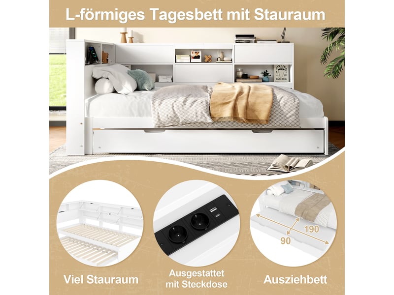  Lit banquette 90x200 blanc avec tête de lit de rangement, lit gigogne extensible et ports usbtype-c, structure en bois  - Conforama D